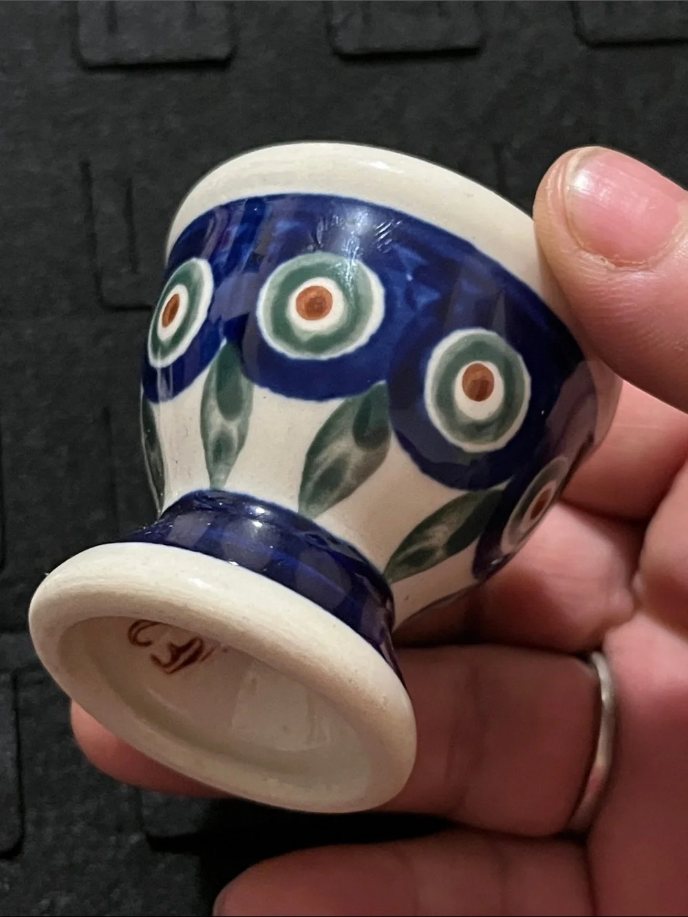 Vintage Ceramic Egg Cup with Blue, Green, Brown Floral Motif
